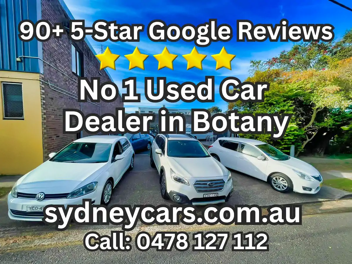 Sydneycars Botany yard with over 90 5-star Google reviews and a range of used cars for sale.