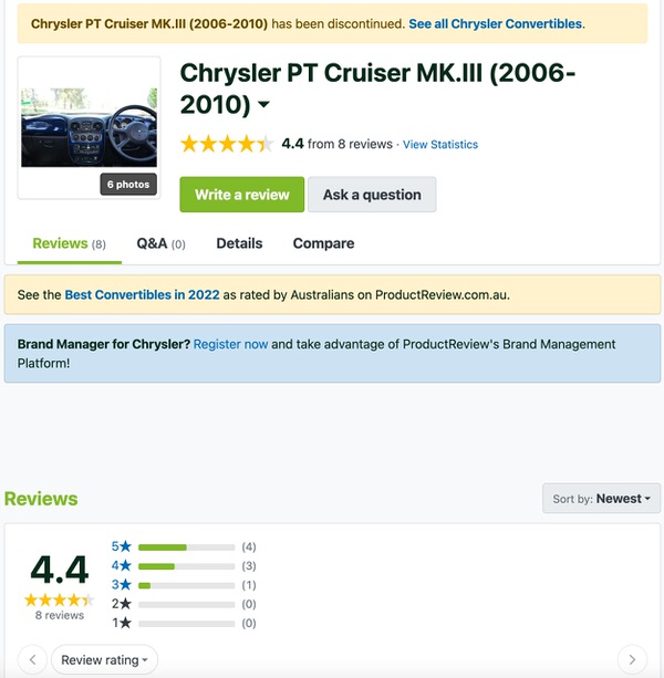 Customer Reviews and Comments in Australia - 4.4 star review for Chrysler PT Cruiser - Sydneycars-web-ready
