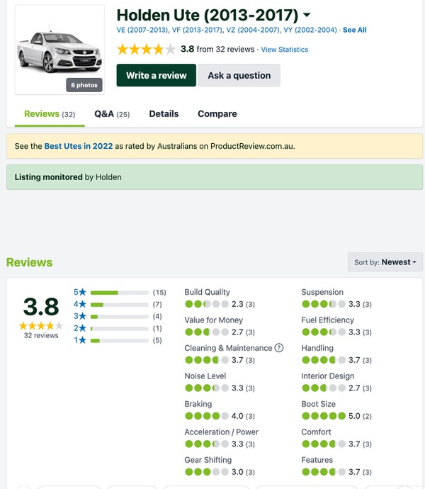 Customer Reviews in Australia for used Holden UTE for sale - photo showing review star rating and comments