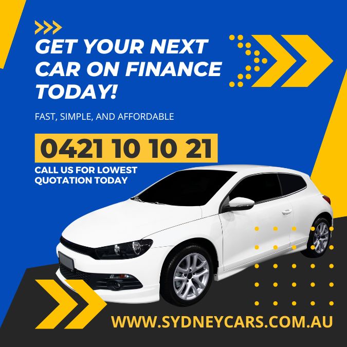 Get car finance easy with Sydneycars - Photo shows a white car and the tag line get your next car on finance today - call Sydneycars 0421101021
