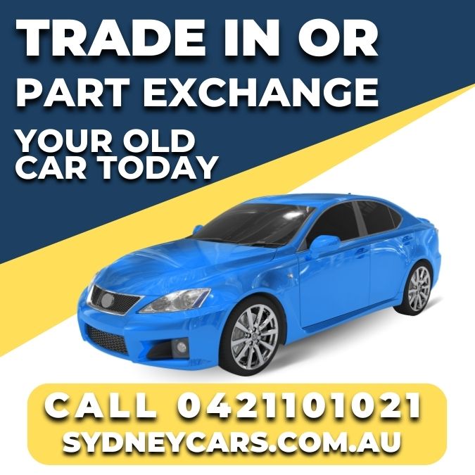 Trade in your old car today at Sydneycars.com.au - photo of a advert showing a a blue car being trading in as a part exchange vehicle