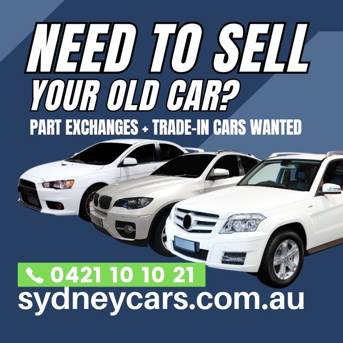 Image of three white cars and the text - need to sell your old car - we take part exchanges and trade ins at Sydneycars - call the team today at 0421101021