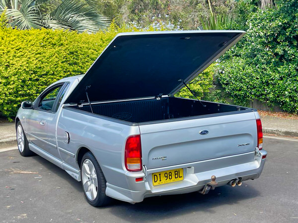 Used Ford Ute for sale - 2007 Automatic BF MK II Model in Metallic Silver - photo showing the rear passengers side angle view with lockable canopy opened