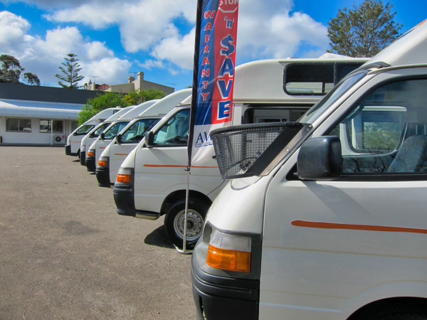 Used Toyota Campervans for sale at Sydneycars - photo shows a row of used Toyota Hiace campervans for sale