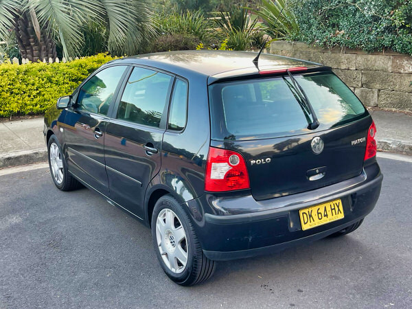 Used Polo for sale in Sydney - 2004 Automatic model in black with Rego - photo showing the rear passenger side angle view
