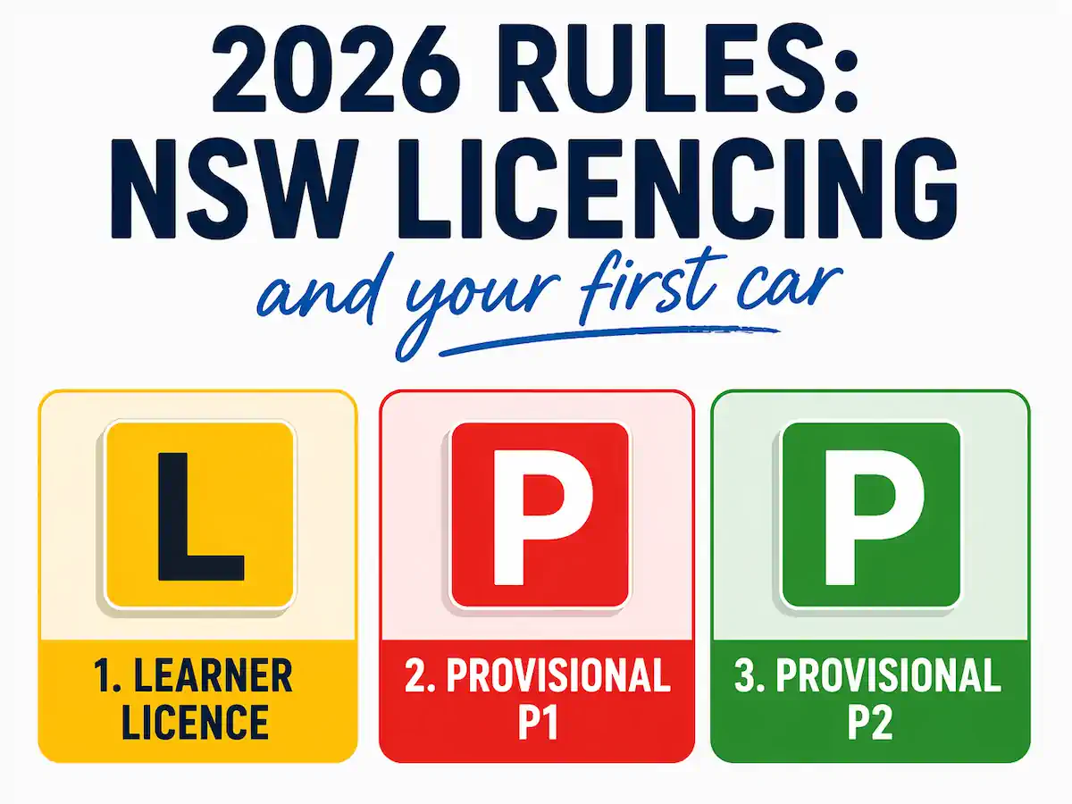Guide to 2026 NSW licencing rules for L, P1, and P2 plates when you buy your first car in Sydney.