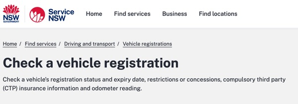 Check a vehicle registration Service by NSW Government