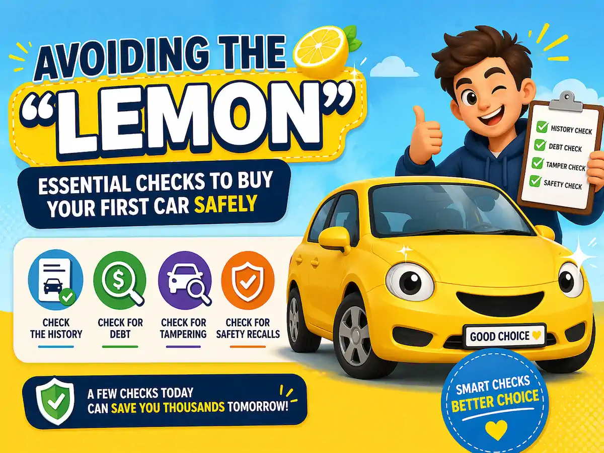 Useful checklist for a first-time car buyer showing how to avoid a lemon by checking car history, debt, and safety. Sydneycars Botany.